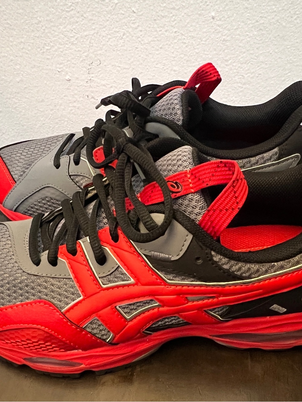 Asics Gray and Red Men's Athletic Sneakers with Black Accents